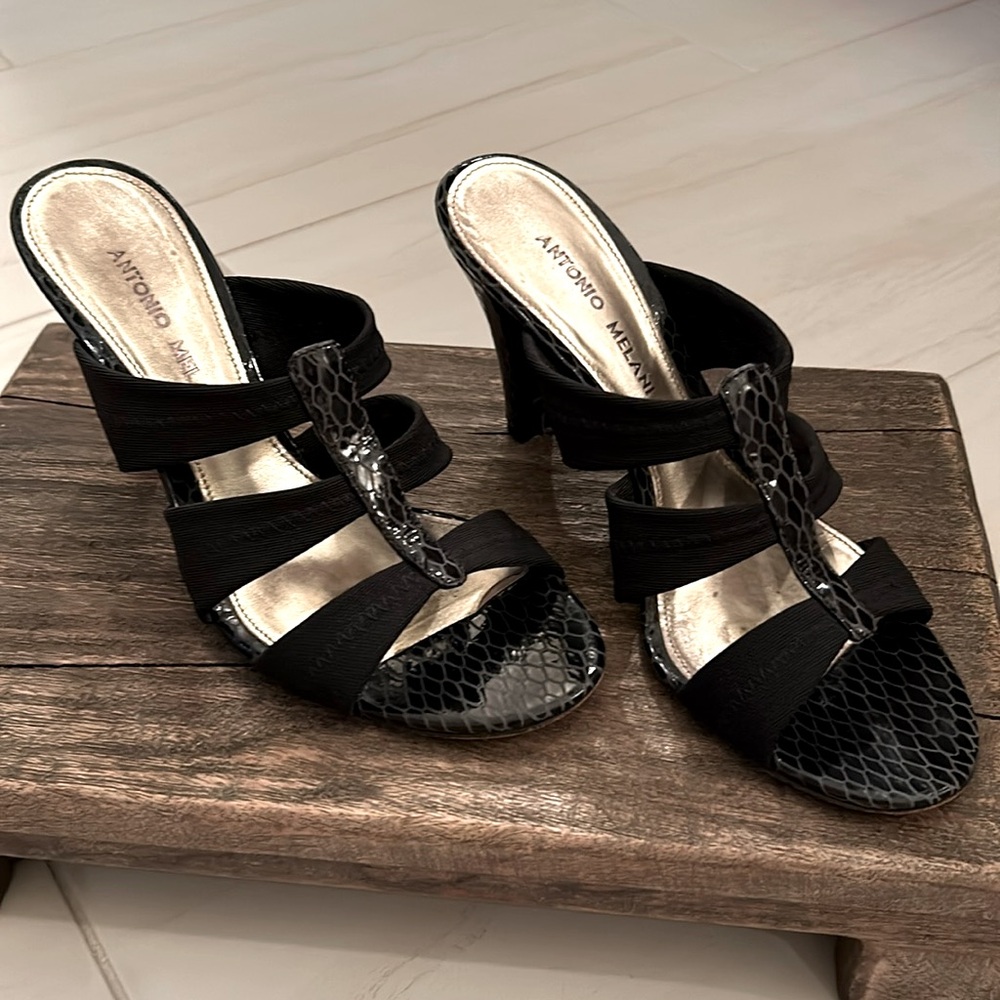 Antonio Melani black leather and stretch fabric heels